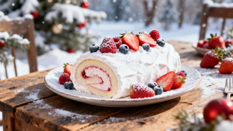 Oubliez la bûche de Noël : La Pavlova roulée aux fruits rouges de Julie Andrieu est le dessert d’hiver le plus spectaculaire